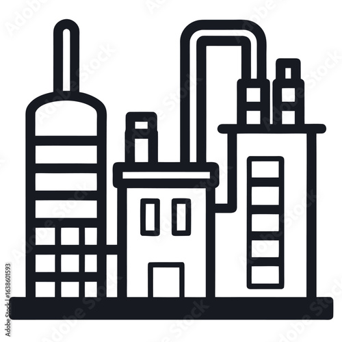 Simple black outline icon of a chemical plant with industrial elements