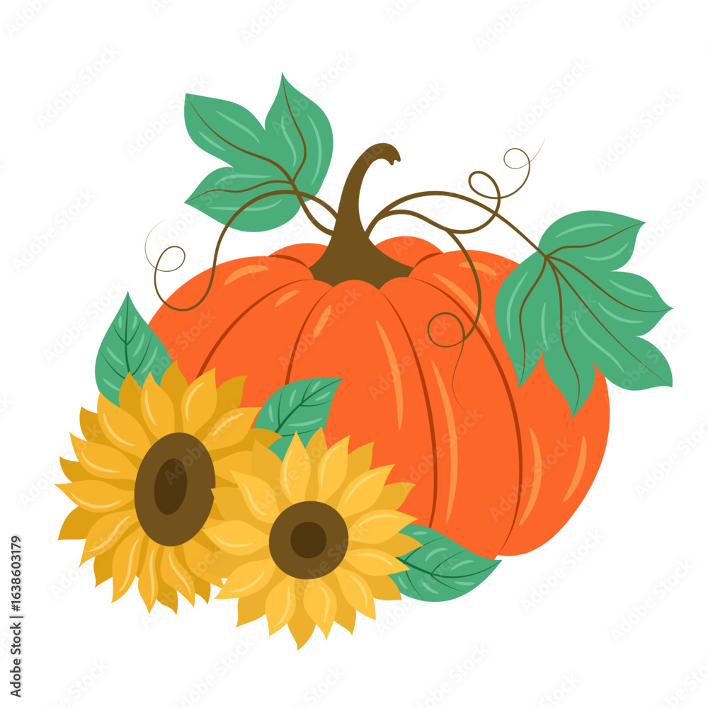 Naklejka premium Autumn Harvest Pumpkin and Sunflower Illustration