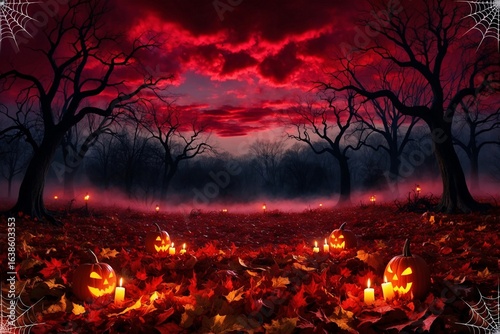 Red Halloween Landscape Wallpaper, Red Halloween Wallpaper, Red Halloween Background, Spooky Night Scenery, Red Halloween Haunted Forest Wallpaper, Halloween Night Scene