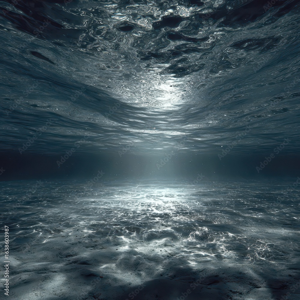 Fototapeta premium Underwater ocean floor scene, sunlit surface, seabed texture, for marine backgrounds