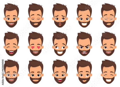 A variety of cartoon-styled face expressing emotions like happiness, anger, winking and sadness is displayed.