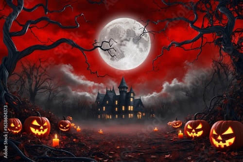 Red Halloween Landscape Wallpaper, Red Halloween Wallpaper, Red Halloween Background, Spooky Night Scenery, Red Halloween Haunted Forest Wallpaper, Halloween Night Scene
