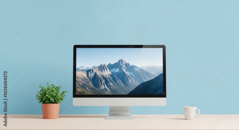Fototapeta premium Modern Desktop Computer Setup with Mountain Landscape Wallpaper on Blue Wall