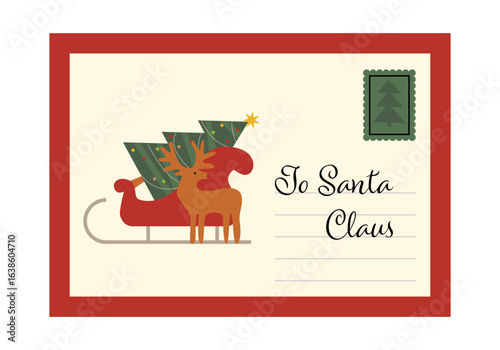 Letter template to santa with cute envelope. Christmas Santa Claus letter. Xmas holidays letter, mailing envelope