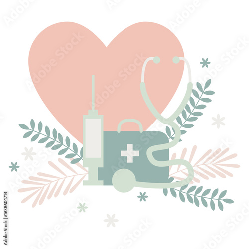 Medical service. First aid kit with stethoscope and injection ove. Vector illustration
