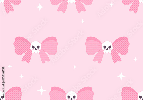 Seamless pattern with skull and pink bow. Vector illustration. Cute Halloween texture