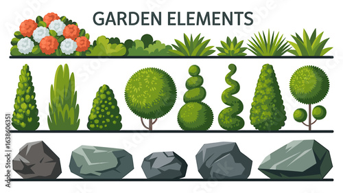 Various Garden Elements with Flowers Bushes Trees and Rocks Ornamental Plants and Stones for Landscaping and Decoration of Outdoor Spaces