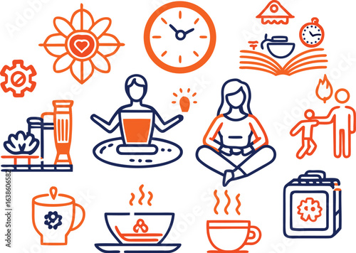 Collection of Orange and Blue Line Art Icons Representing Wellness and Daily Life health meditation