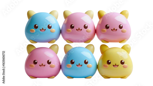 Cute figurines of Beijinho characters in kawaii style in pastel shades of blue, pink and yellow, arranged in a playful order