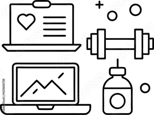 Health and fitness icons with laptop dumbbell and medical bottle Keywords: health fitness icons laptop dumbbell medical bottle