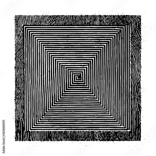 Monochrome square pattern with border resembling wood grain and concentric square design element present