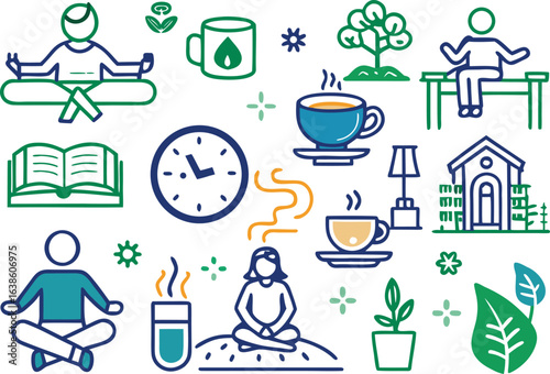Wellness and Self- Care Icons for Relaxation and Health meditation yoga