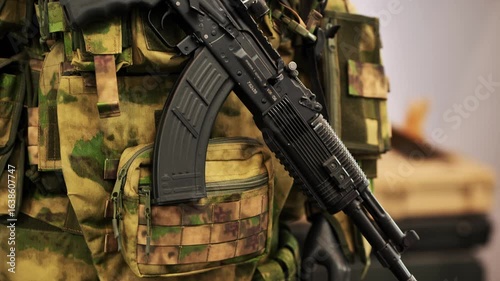 Soldier wearing camouflage vest holding a modern ak-47 assault rifle