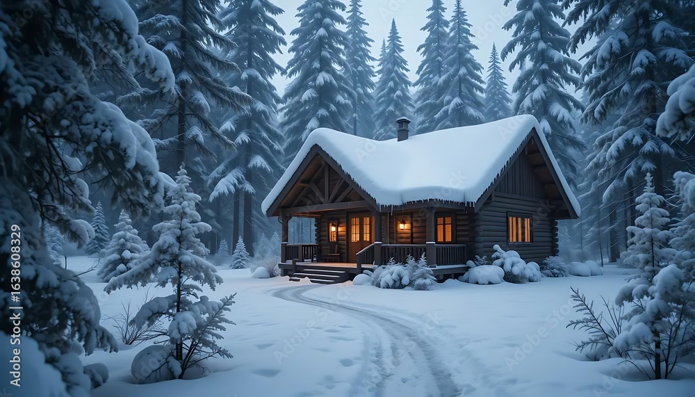 Cozy Log Cabin Retreat in a Snowy Winter Forest at Dusk. Cozy Log Cabin Retreat in a Snowy Winter Forest at Dusk.