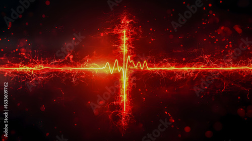 Luminous scene of neon medical cross with pulse glow / 医療心電図の背景