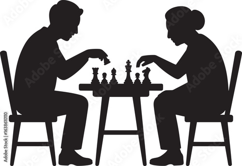 Chess Game Silhouette Illustration of Two People Playing Chess at a Table on Transparent BG