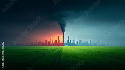 Industrial factory emitting thick black smoke contrasted with green landscape on the other side, environmental dilemma symbolism 
