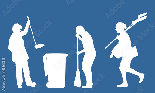 Teamwork cleaning lady wit broom. Housemaid cleaner besom vector silhouette illustration isolated. Woman floor care service washing mop in sterile factory, clean hospital. Housework job. House wife.