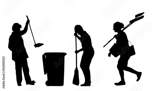 Teamwork cleaning lady wit broom. Housemaid cleaner besom vector silhouette illustration isolated. Woman floor care service washing mop in sterile factory, clean hospital. Housework job. House wife.