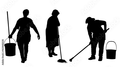 Teamwork cleaning lady wit broom. Housemaid cleaner besom vector silhouette illustration isolated. Woman floor care service washing mop in sterile factory, clean hospital. Housework job. House wife.
