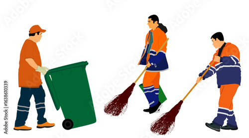 Sidewalk street cleaning team wit broom vector illustration isolated. Male teamwork cleaner besom. Man floor care service washing. Outdoor clean job. Urban maintenance communal service washing floor.