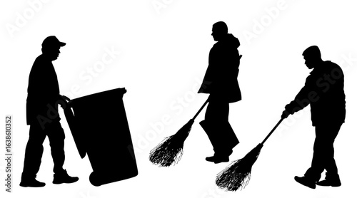 Sidewalk street cleaning team wit broom vector silhouette isolated. Male teamwork cleaner besom. Man floor care service washing. Outdoor clean job. Urban maintenance communal service washing floor.