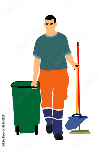 Sidewalk street cleaning man broom and recycle bin vector illustration isolated. Boy cleaner besom. Man floor care service washing. Outdoor clean job. Urban maintenance communal service washing floor.