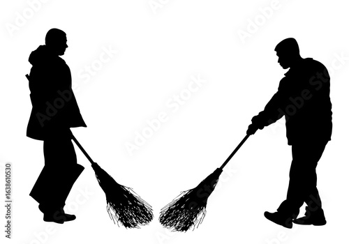 Sidewalk street cleaning team wit broom vector silhouette isolated. Male teamwork cleaner besom. Man floor care service washing. Outdoor clean job. Urban maintenance communal service washing floor.