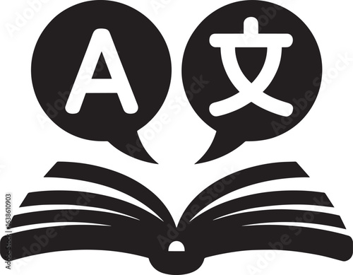 Language Learning and Translation Icon with Open Book and Speech Bubbles for Education Concepts