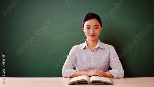 Smiling Asian female teacher sitting at desk with blank blackboard background