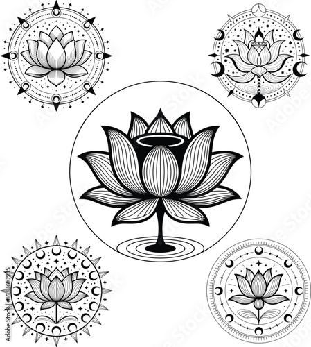 Sacred Geometry Lotus Mandala with Moons and Stars Black and White Line Art