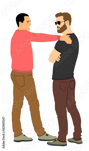 Handsome homosexual couple boys arm holding on shoulder vector illustration isolated. Gay couple public tenderness. Male emotional touch closeness hug, man love male. Gay pride rights. LGBT free love.