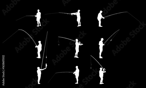 Fisherman with fishing rod in his hand catch the fish vector silhouette illustration isolated. Outdoor leisure fishing sport activity. Hobby by water in nature. Fisher man go to river, lake or sea.