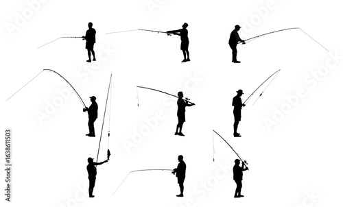 Fisherman with fishing rod in his hand catch the fish vector silhouette illustration isolated. Outdoor leisure fishing sport activity. Hobby by water in nature. Fisher man go to river, lake or sea.