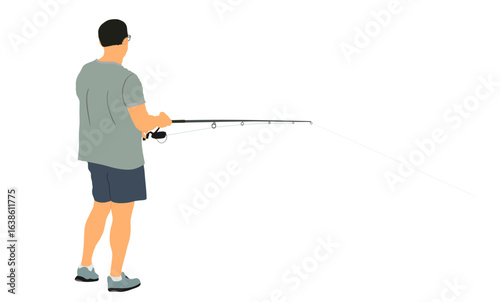 Fisherman with fishing rod in his hand catch the fish vector illustration isolated. Outdoor leisure fishing sport activity. Hobby by water in nature relaxation. Fisher man go to river, lake or sea.