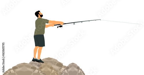 Fisherman with fishing rod in his hand catch the fish vector illustration isolated. Outdoor leisure fishing sport activity. Hobby by water in nature relaxation. Fisher man go to river, lake or sea.