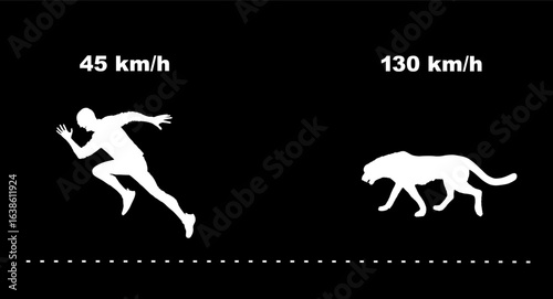 Silhouette speed compare between fastest man sport runner in run and cheetah fastest animal on earth. Sprinter VS wild cat predator carnivore Africa wildlife. Safari attraction comparison fast sprint.