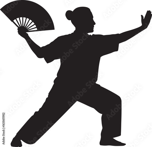 Silhouette of a Woman Practicing Tai Chi with a Fan in a Dynamic Pose on Transparent Backdrop