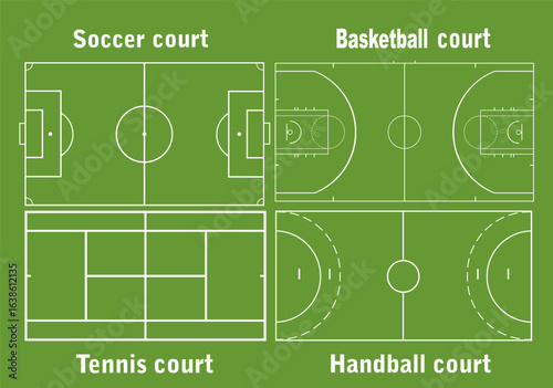 Collection of sport fields set vector illustration isolated. Basketball court. Soccer football field scheme symbol. Sport handball terrain draft. Tennis field symbol. Time out plan strategy of game.