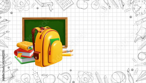 Back to school banner template. Frame with hand drawn stationery, 3d realistic yellow backpack, chalkboard and school supplies on white checkered background. Education concept. Vector illustration