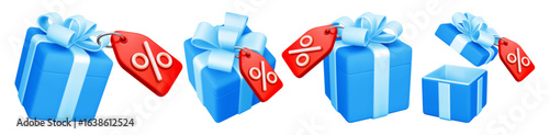 Gift box set with price tag, percentage tag or discount coupon for profitable purchases. Sale, shopping online, loyalty program and retail commercial concept. 3d Isolated Vector illustration