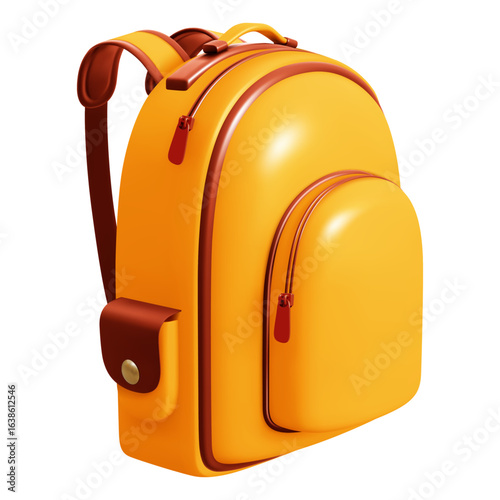 Yellow school backpack. Back to school design element, education concept. Isolated School bag, perspective view. 3D vector illustration