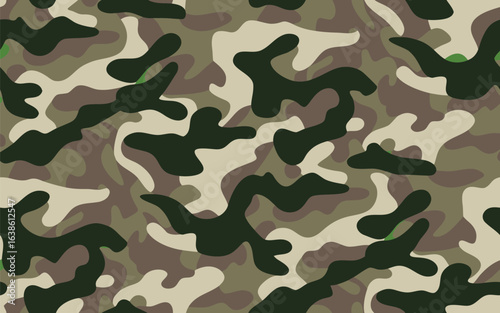 Seamless abstract geometric camouflage pattern with vibrant color variations and classic font elements