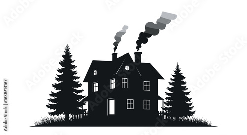 Black silhouette of house with smoke and pine trees background  