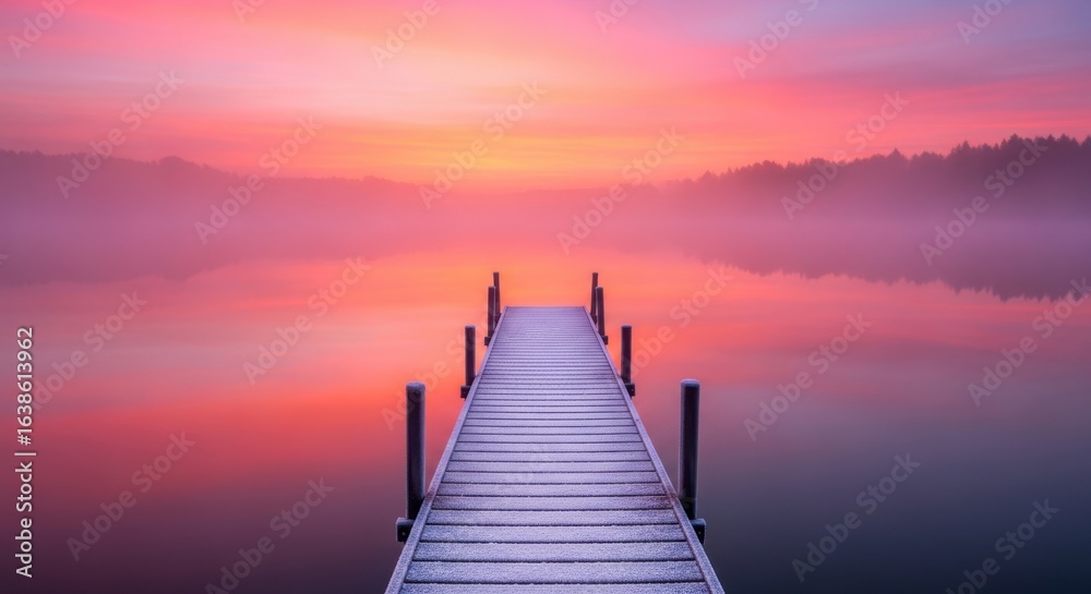 Obraz premium Serene Morning Mist Over a Calm Lake with Wooden Dock