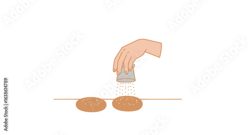 Action of Sprinkling Salt on Bakery Items, Vector Illustration, Minimalist Design in a Bakery Environment