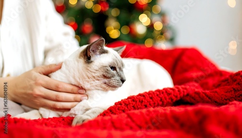 Serene Siamese Cat Resting on Red Blanket near Christmas Tree