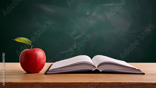 Teacher’s desk with a red apple and open book blank blackboard background