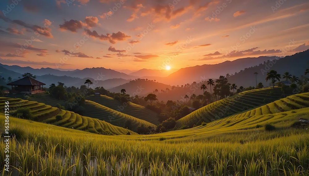Fototapeta premium Golden Sunset over Lush Green Rice Terraces Landscape.