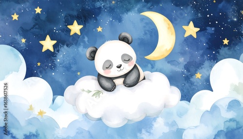 A cute panda rests peacefully on a fluffy cloud in the night sky.